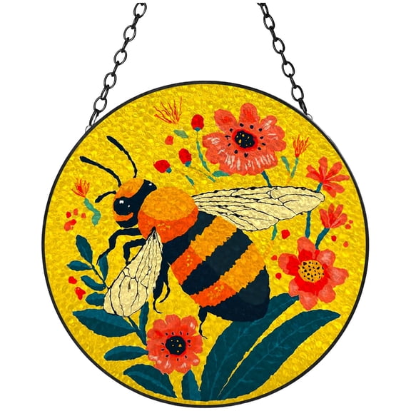 Yellow Cute Bee and Flowers Stained Glass Suncatcher Colored Handmade Window Hangings Glass Suncatcher Crafts Kits for Indoor Garden Christmas Decor and Memorial 16x16cm(3)