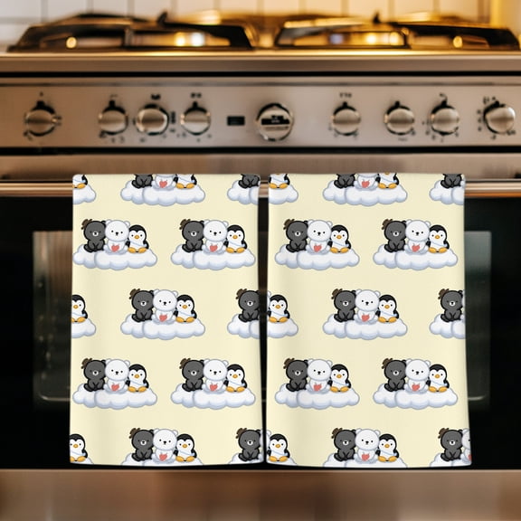 Yellow Cute Cartoon Kitchen Towels Set of 4, Modern Minimalist Bear Penguins Absorbent Dish Towels for Kitchen, Microfiber Hand Towel, Quick Drying Tea Towel for Cleaning Decorative Dishcloths