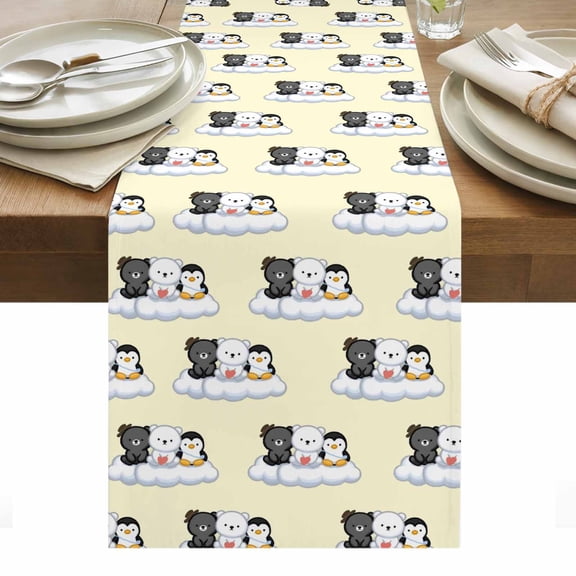 Yellow Cute Cartoon Table Runner Modern Minimalist Bear Penguins Tablerunners 13 x 48 Inch, Table Decorations Tabletop Scarf for Summer Gathering Holiday Farmhouse Kitchen Dining Decor