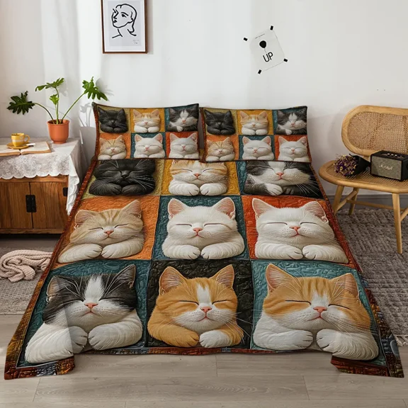 Yellow Cute Cat 4-Piece Queen Bedding Set, 3D Printed Pet Theme Bed Sheet Set with Fitted Sheet & Pillowcases for All Seasons