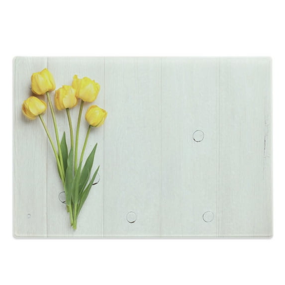 Yellow Cutting Board, Colorful Tulips on a Rustic Plain Wooden Board Spring Theme, Decorative Tempered Glass Cutting and Serving Board, Large Size, Yellow White Lime Green, by Ambesonne
