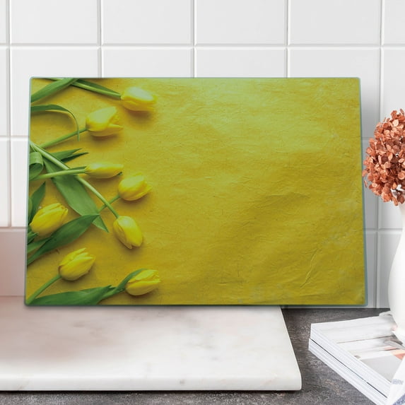Yellow Cutting Board, Danish Dutch Tulips on Colored Wall Garden Floral Love Lily Herbs Print, Decorative Tempered Glass Cutting and Serving Board, Large Size, Yellow Green, by Ambesonne