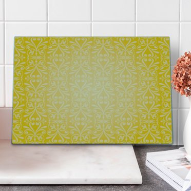 Yellow Cutting Board, Diagonal Swirling Ornate Victorian Damask Patterns on Retro Background Graphic Design, Decorative Tempered Glass Cutting and Serving Board, Large Size, Yellow, by Ambesonne