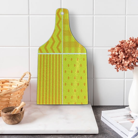 Yellow Cutting Board, Illustration Different Patterns in Flat Design Zigzag Dots Vertical Lines Retro, Tempered Glass Cutting and Serving Board, Wine Bottle Shape, Yellow Orange, by Ambesonne