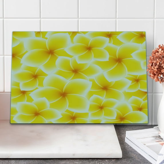 Yellow Cutting Board, Plumeria Frangipani Flower Blossom Pattern Hawaiian Floral Wildlife Art, Decorative Tempered Glass Cutting and Serving Board, Large Size, Yellow and White, by Ambesonne