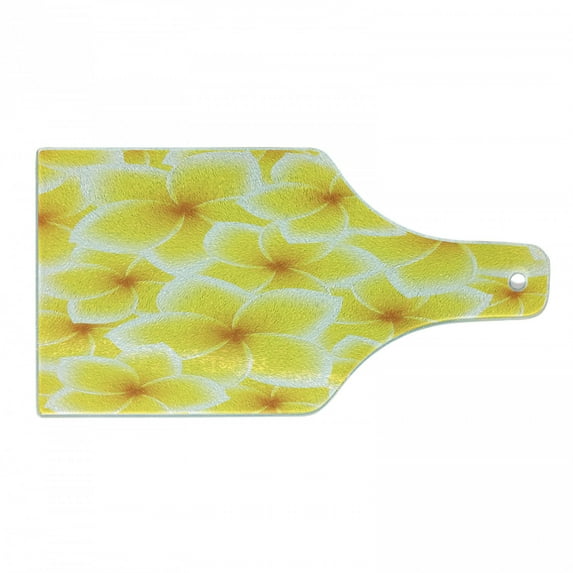 Yellow Cutting Board, Plumeria Frangipani Flower Blossom Pattern Hawaiian Floral Wildlife Art, Decorative Tempered Glass Cutting and Serving Board, Wine Bottle Shape, Yellow and White, by Ambesonne
