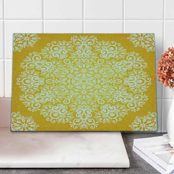Yellow Cutting Board, Snowflake Like Floral Pattern Design with Tribal Inspired Art, Decorative Tempered Glass Cutting and Serving Board, Large Size, Yellow and White, by Ambesonne