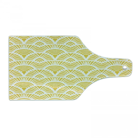 Yellow Cutting Board, Vintage Hand Drawn Style Art Nouveau Pattern Geometrical Retro Scales Japanese, Tempered Glass Cutting and Serving Board, Wine Bottle Shape, Yellow White, by Ambesonne