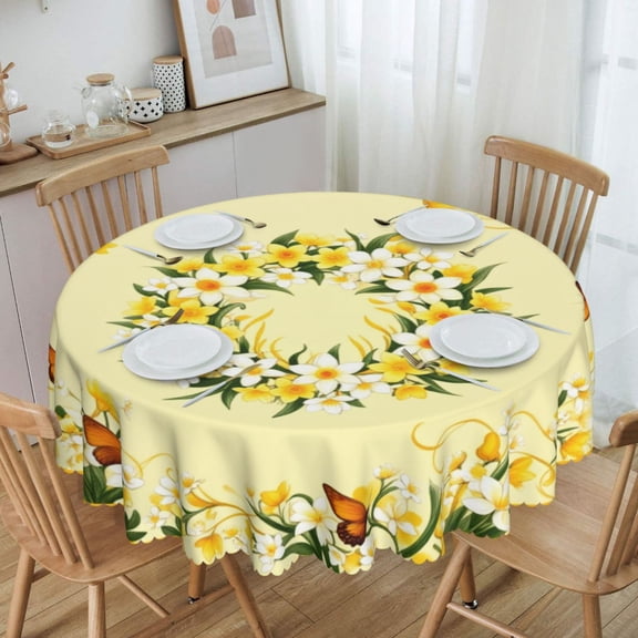 Yellow Daffodil Floral Wreath With Monarch Butterflies Round Tablecloth Waterproof Oil Proof Spill Proof Table Cloth 70" for Camping, Dining, Indoor and Outdoor Table Cover