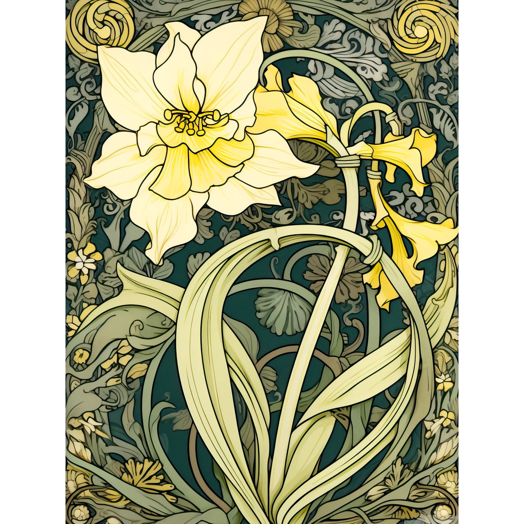 Yellow Daffodil Flower Watercolour Art Nouveau Large Wall Art Poster ...