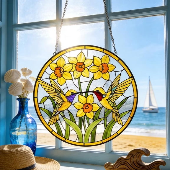 Yellow Daffodil Hummingbird Glass Suncatcher, Bird Floral Window Art, Nature Sympathy, 3.5 in