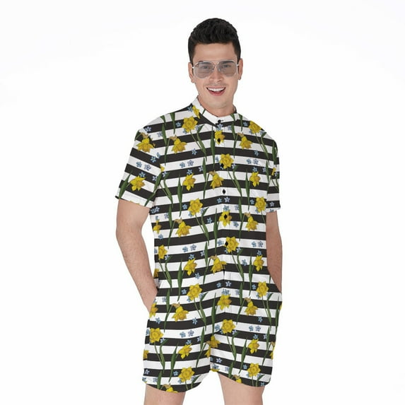 Yellow Daffodil Striped Pattern Short Sleeve Men'S Rompers Casual Summer Jumpsuits Outfit