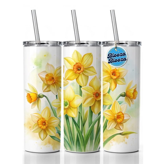 Yellow Daffodils Flowers Watercolor 20oz Insulated Water Bottle Skinny Tumbler Includes Straw
