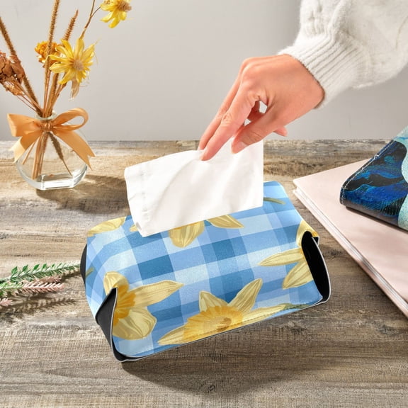 Yellow Daffodils Leather Tissue Box Cover Rectangle Tissue Holder Foldable