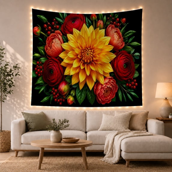 Yellow Dahlia and Red Roses Against a Black Background, Dramatic Illustration for Flower Lovers, Botanical Wall Decor, Birthday Gift, Tapestry Wall Hanging for Living Room and Bedroom