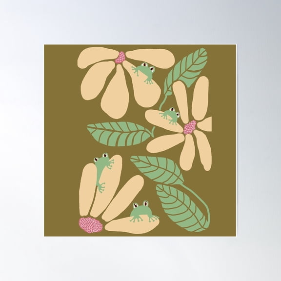 Yellow Daisies And Green Tree Frogs Poster Wall Art, Modern Wall Decor For Living Room Bedroom, 17x17 UNFRAMED