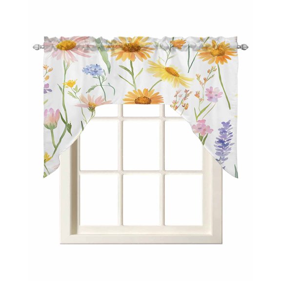 Yellow Daisies Floral Swag Valances for Windows, Small Curtains Drapes, Spring Botanical Farmhouse Kitchen Window Curtains Over Sink Rod Pocket Window Treatment Valance for Bedroom/Bathroom 56"x36"