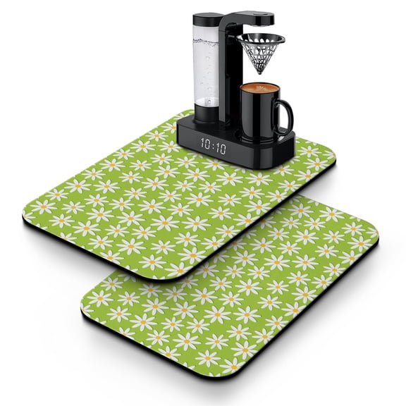 Yellow Daisy Aesthetic Coffee Bar Mat, Absorbent Kitchen Drying Pad, White Flower Bloom Design, Boho Vintage Floral Mat, 19.5x12in (Set of 2)