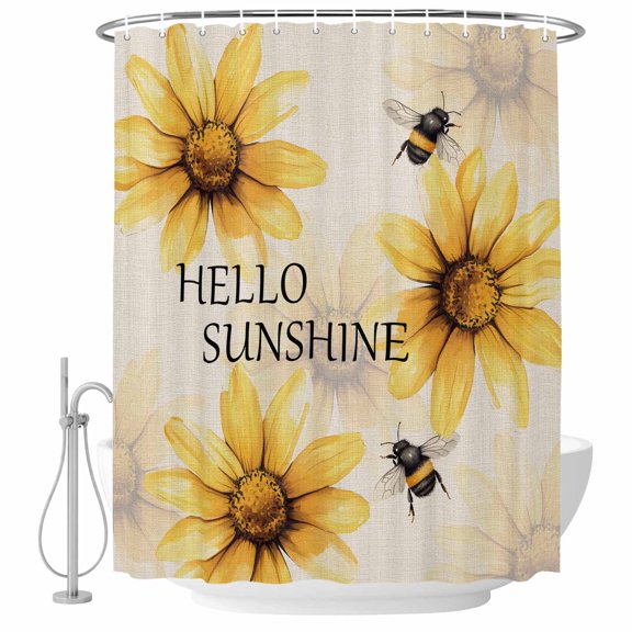 Yellow Daisy Bathroom Shower Curtains with Hooks, Hello Sunshine Bee Pastoral Linen Texture Waterproof Fabric Washable Shower Curtain for Home Hotel Bathtub Decor 36x72 Inch