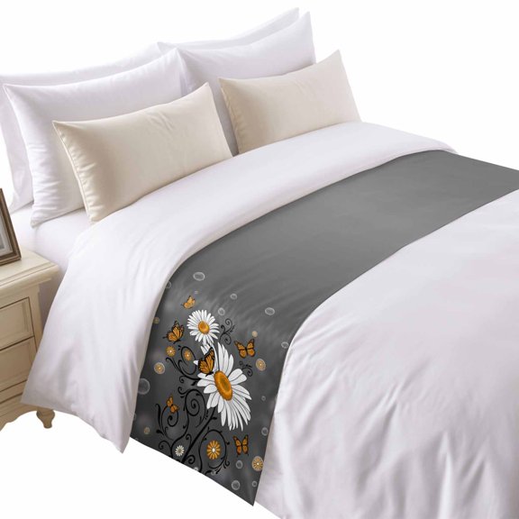 Yellow Daisy Bed Runner for Queen Size Bed, Bubble Butterfly Grey Grey Background Soft Bedding Scarf Bedding Protector Slipcover Sofa Throw for Bedroom Hotel Guesthouse