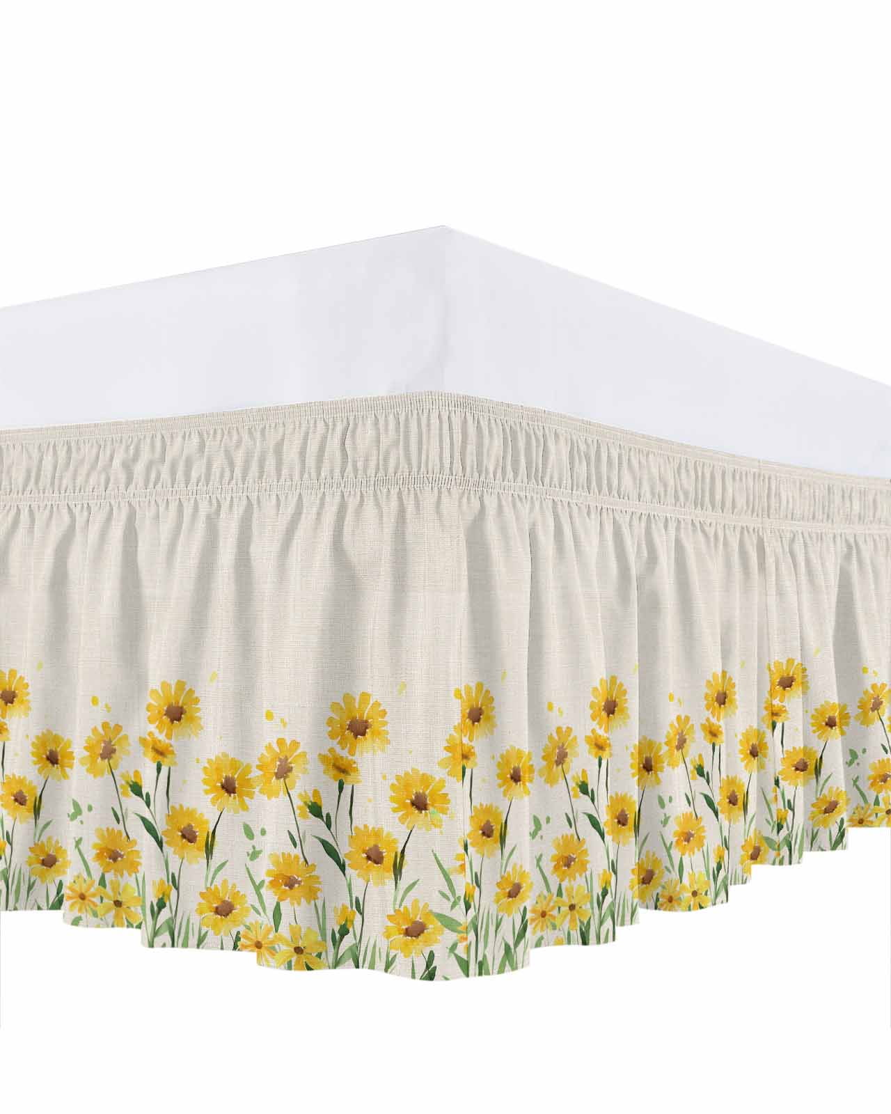 Yellow Daisy Bed Skirt Queen Size 16 Inch Drop, Watercolor Spring Yellow Floral Plants Linen Texture Adjustable Elastic Dust Ruffles Bedskirt for Queen Bed Wrap Around Pleated Mattress Frame Cover