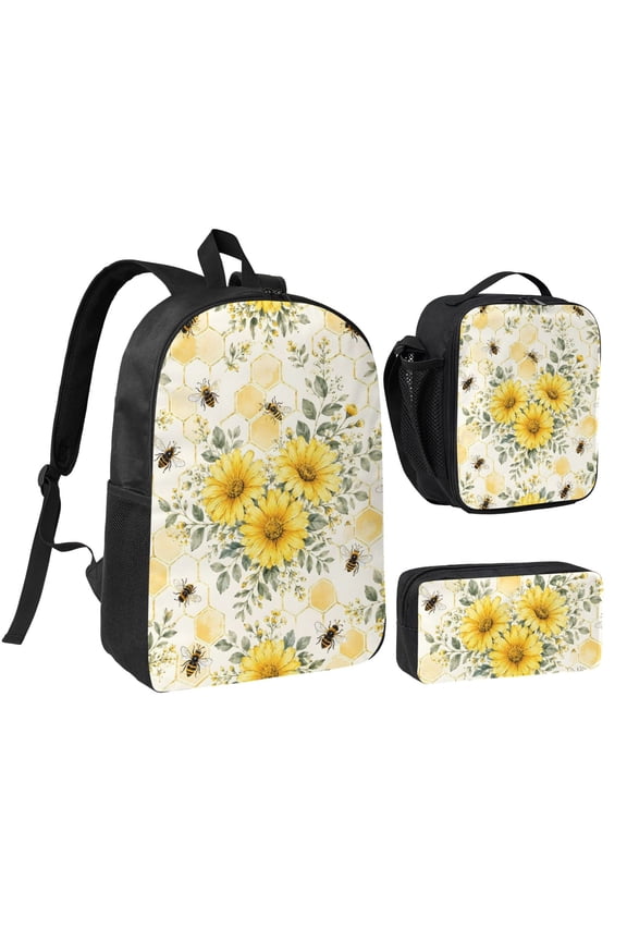 Yellow Daisy Bee Honeycom Backpack Set 3pc Including Backpack, Lunch Bag and Pen Bag Combination