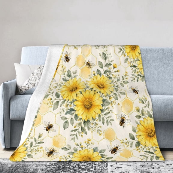 Yellow Daisy Bee Honeycomb Blanket Gift Throw Blanket Gift for Bee Lovers Spring Floral Home Decor 50x40