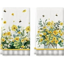 Yellow Daisy Bees Eucalyptus Summer Kitchen Towels Dish Towels, 18x26 Inch Spring Farmhouse Flowers Decoration Hand Towels Set of 2