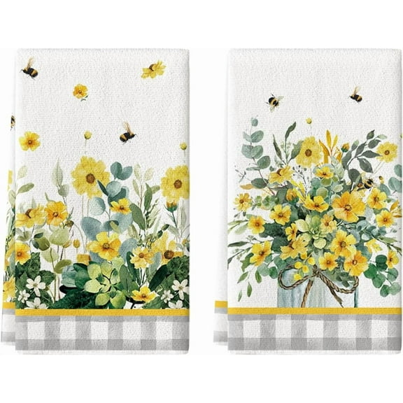 Yellow Daisy Bees Eucalyptus Summer Kitchen Towels Dish Towels, 18x26 Inch Spring Farmhouse Flowers Decoration Hand Towels Set of 2