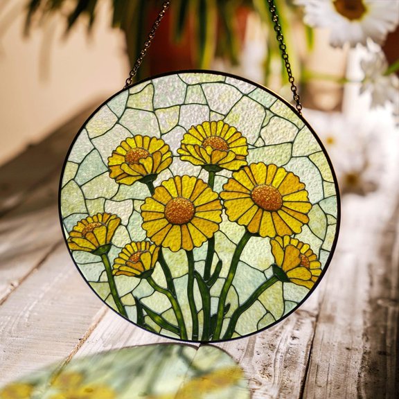 Yellow Daisy Bloom Glass Round Suncatcher For Kitchen Window Garden Decor Gift For Flower Lovers, Suncatcher Window Hanging, 3.5 in