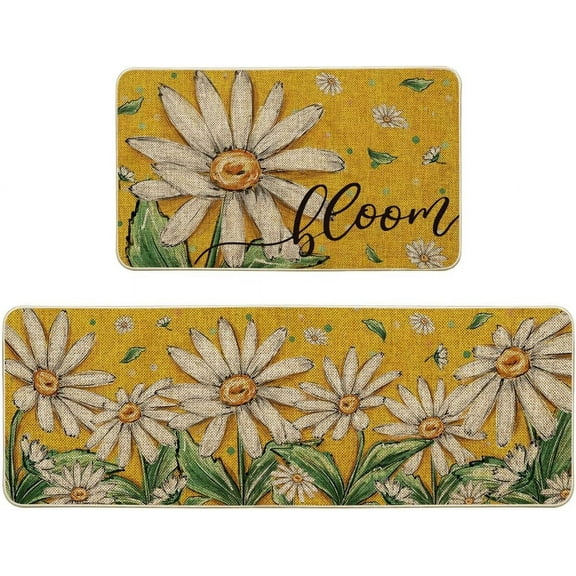 Yellow Daisy Bloom Spring Kitchen Mats Set of 2, Seasonal Home Decor Leaves Low-Profile Kitchen Rugs for Floor - 17x29 and 17x47 Inch