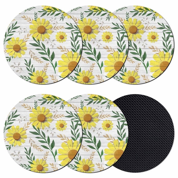 Yellow Daisy Coasters Set of 6, Absorbent Coasters for Drinks, Farmhouse Country Flower Leaf Plant Wood Grain Coaster for Desk Coffee Table Protection, Home Decor House Warming Gifts 4"
