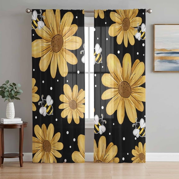 Yellow Daisy Farmhouse Sheer Curtains 63 Inches Long, Garden Floral Honeybees Black Light Filtering Window Curtains for Living Room, Rod Pocket Voile Sheer Curtain Drapes, 52"W x 63"L, 2 Panels