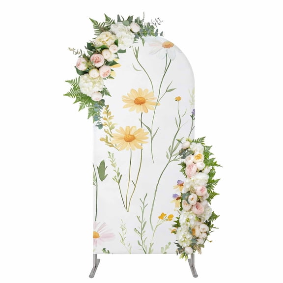 Yellow Daisy Floral Arch Backdrop Cover, Spandex Fitted Wedding Arch Cover, Spring Rustic Botanical Flowers Round Top Stand Covers for Birthday Ceremony Bridal Shower Party Decor 4x1.65 Ft