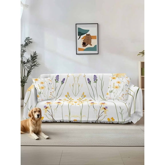 Yellow Daisy Floral Couch Cover, Spring Rustic Botanical Flowers Oversized Sofa Cover Blanket for 3 Cushion Couch,Sectional Sofa Slipcover Furniture Protector for Living Room Bedroom 71''x150''
