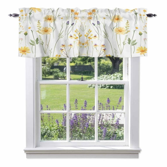 Yellow Daisy Floral Kitchen Curtain Valances for Windows Farmhouse Short Curtains, Spring Rustic Botanical Flowers Rod Pocket Valance Curtain for Bedroom Cafe Living Room 60"x18"