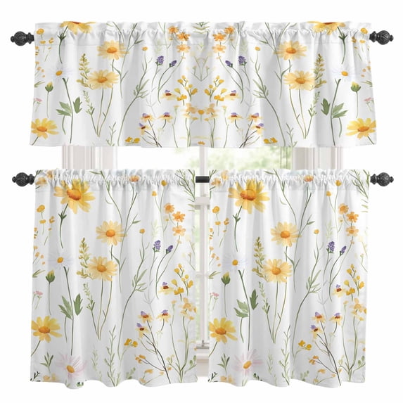 Yellow Daisy Floral Kitchen Curtains Sets for Windows 36 Inch Length, Spring Rustic Botanical Flowers Rod Pocket Window Treatments Tier Curtains and Valances Set for Bedroom/Bathroom