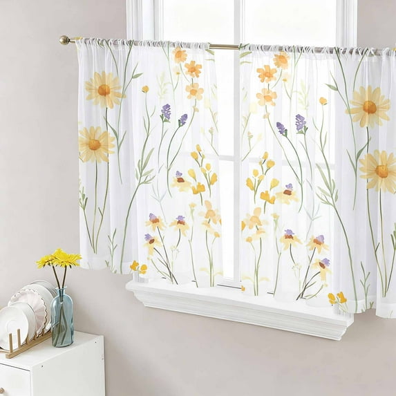 Yellow Daisy Floral Semi Sheer Window Curtains 45 Inches Long, Spring Rustic Botanical Flowers Rod Pocket Voile Chiffon Curtain Light Filtering Drapes for Living Room, Kitchen, 52"x45", 2 Panels