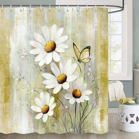 Yellow Daisy Floral Shower Curtain, Farm Rustic Farmhouse and Butterfly on Country Wooden Shower Curtain, Yellow Daisy Floral Shower Curtain with Hooks, 72X72Inches(Yellow)