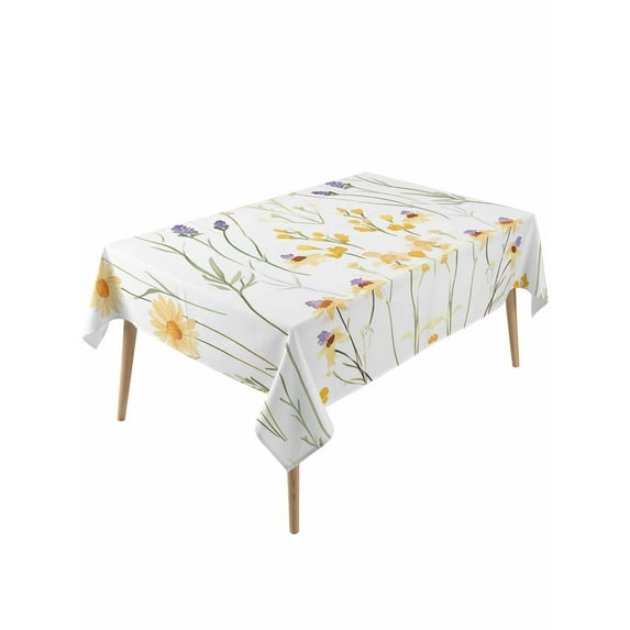 Yellow Daisy Floral Table Cloth, Spring Rustic Botanical Flowers Waterproof Tablecloth for Rectangle Tables, Reusable Washable Fabric Table Cover for Restaurant Kitchen Dining Tables 54"x108"
