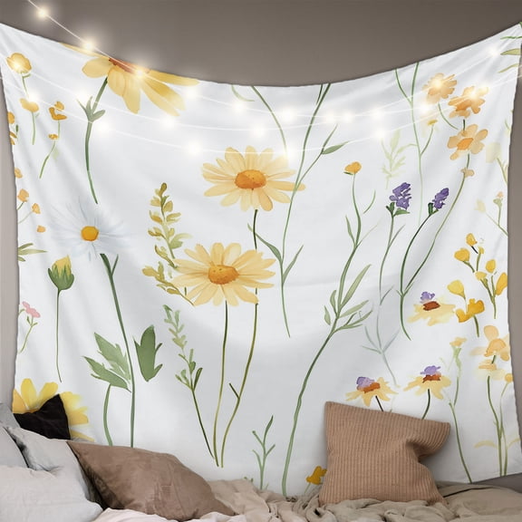Yellow Daisy Floral Tapestry for Bedroom Wall Hanging Tapestry, Spring Rustic Botanical Flowers Ceiling Backdrop Tapestries Poster Blanket Wall Decor for Teens Room Living Room Dorm 59" x 90"