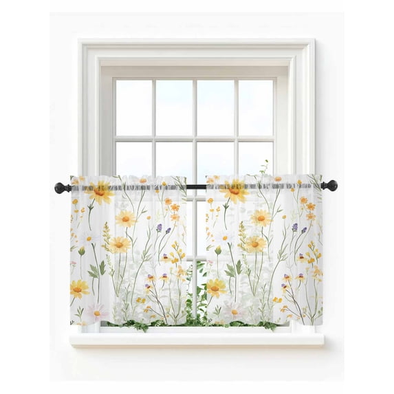 Yellow Daisy Floral Tier Curtains 24 Inch Length,Sheer Curtains for Bedroom Living Room Window Spring Rustic Botanical Flowers Rod Pocket Drapes Kitchen Curtains Small Half Window 27.5"x24" 2 Panels