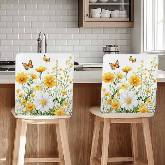 Yellow Daisy Flower Chair Covers Set of 8 Butterfly Chair Back Covers Stretch Removable Washable Slipcovers Protector for Dining Room Kitchen Party Decor