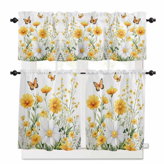 Yellow Daisy Flower Kitchen Curtains Valances and Tiers Set of 3 Butterfly Tier Curtains and Valance Rod Pocket Valance Curtains Set for Kitchen Bathroom Small Windows 27.5"W x 36"L (Pack of 3)