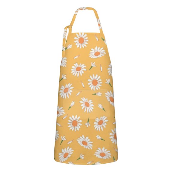 Yellow Daisy Flower Pattern Apron-Garden Aprons for Women with Pockets-Cotton Linen Waterproof Kitchen Cooking Gardening Aprons Adjustable for Kitchen,Cooking,BBQ and Salon 33x27 Inch