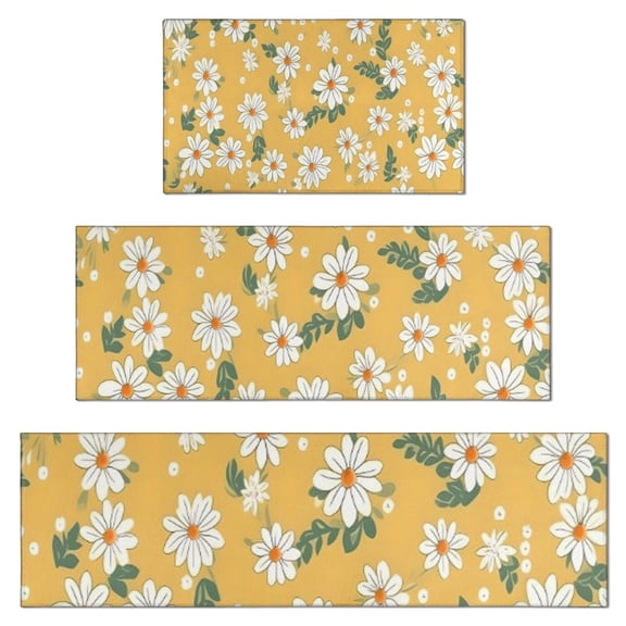 Yellow Daisy Flower Pattern Kitchen Rugs Sets Of 3,Kitchen Runner Rugs Non Skid Washable,Decorative Kitchen Floor Mats for Kitchen,Sink,Laundry,17"x30"+ 17"x47" + 17"x59"