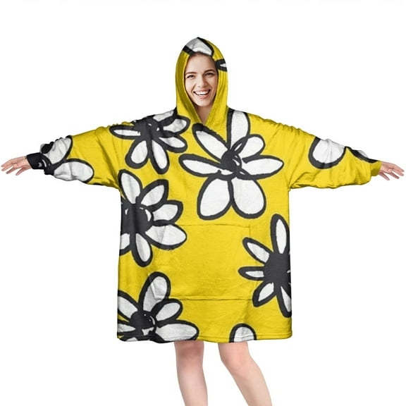Yellow Daisy Flower Pattern Wearable Oversized Blanket,Wearable Blanket Hoodie for Adults,Cozy Hooded Blankets with Super Pockets,Super Warm Fuzzy Pullover for Women & Men