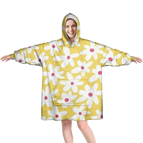 Yellow Daisy Flower Red Centers Pattern Wearable Oversized Blanket,Wearable Blanket Hoodie for Adults,Cozy Hooded Blankets with Super Pockets,Super Warm Fuzzy Pullover for Women & Men