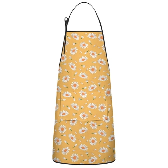 Yellow Daisy Flower Retro Pattern Apron-Garden Aprons for Women with Pockets-Cotton Linen Waterproof Kitchen Cooking Gardening Aprons Adjustable for Kitchen,Cooking,BBQ and Salon 33x27 Inch