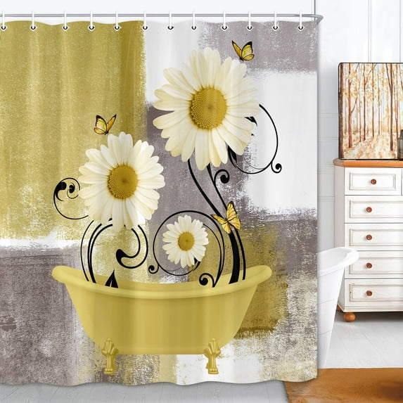 Yellow Daisy Flower Shower Curtain, Farmhouse Floral and Butterfly in Bathtub Shower Curtains for Bathroom, Rustic Country Abstract Geometric Floral Bath Decor Bathtub Set with 16 Hooks 70X70in